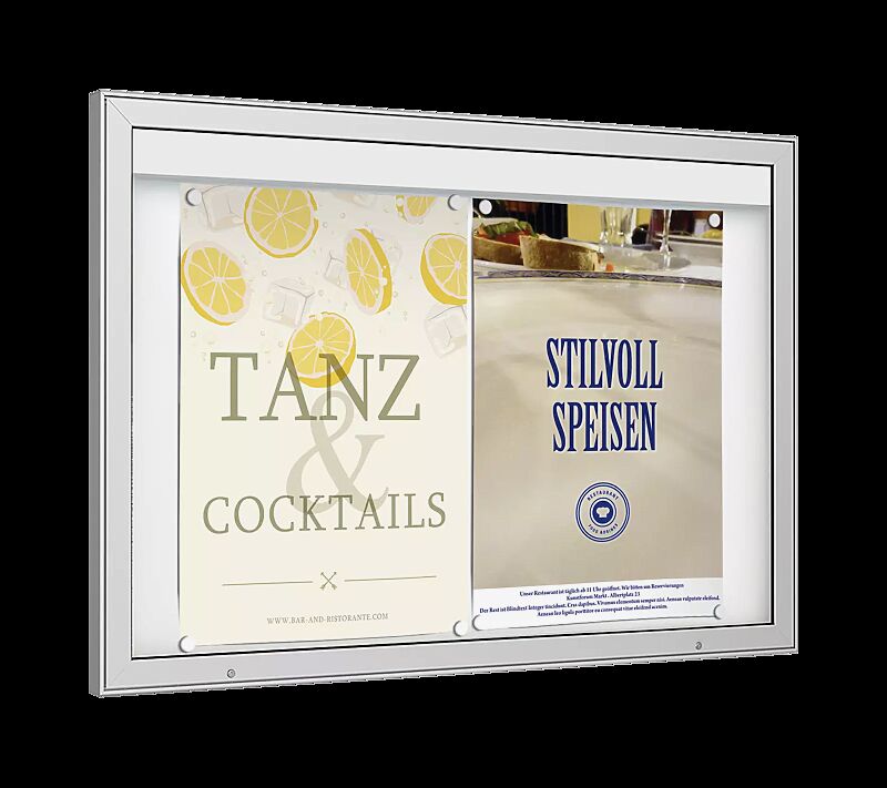 Schaukasten DERINEA zur Wandbefestigung, Ecken spitz, Bautiefe 65 mm, für 21 x DIN A4, Alu silber