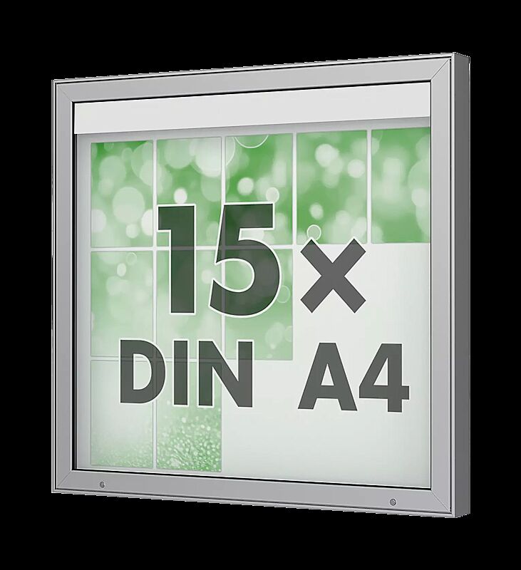 Schaukasten DERINEA zur Wandbefestigung, Ecken spitz, Bautiefe 100 mm, für 15 x DIN A4, Alu silber
