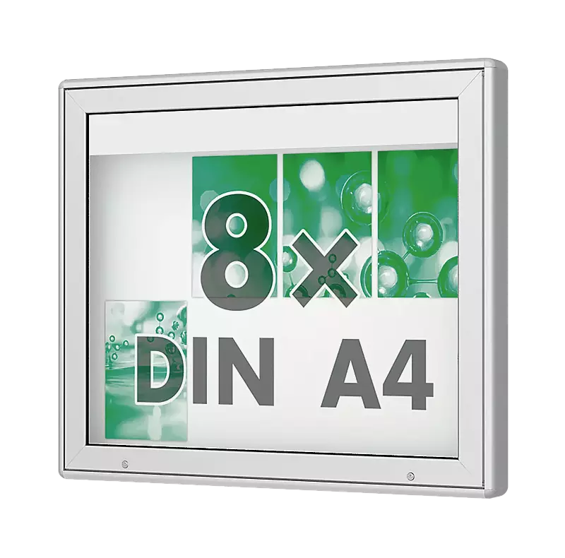 Schaukasten DERINEA zur Wandbefestigung, Ecken gerundet, Bautiefe 80 mm, für 8 x DIN A4, Alu silber