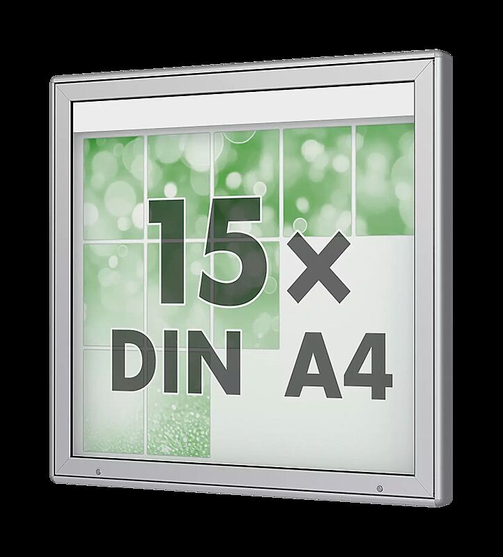 Schaukasten DERINEA zur Wandbefestigung, Ecken gerundet, Bautiefe 80 mm, für 15 x DIN A4, Alu silber