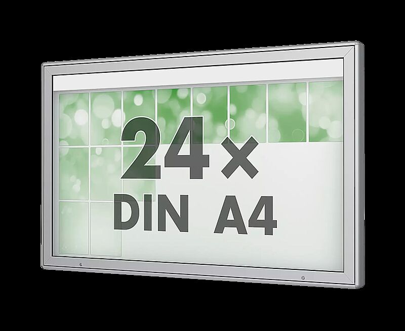 Schaukasten DERINEA zur Wandbefestigung, Ecken gerundet, Bautiefe 80 mm, für 24 x DIN A4, Alu silber