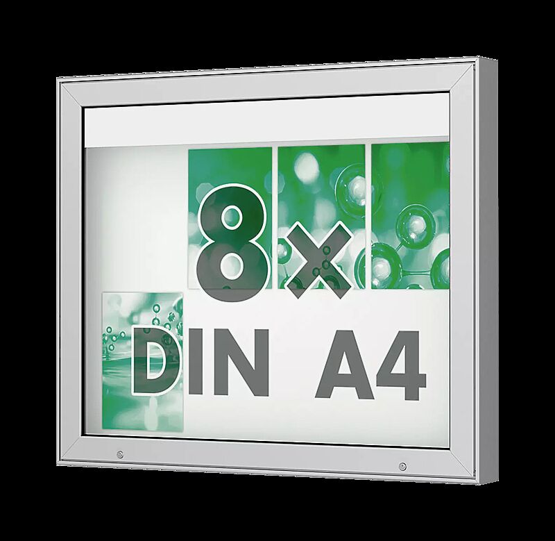 Schaukasten DERINEA zur Wandbefestigung, Ecken spitz, Bautiefe 100 mm, für 8 x DIN A4, Alu silber