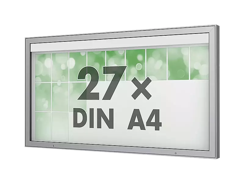 Schaukasten DERINEA zur Wandbefestigung, Ecken spitz, Bautiefe 100 mm, für 27 x DIN A4, Alu silber