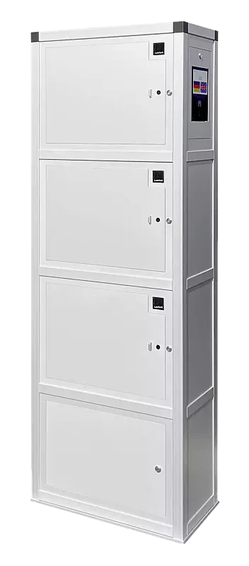 E-Bike-Ladestellenschrank AMARO EDGE, 3 große Ladefächer mit RFID mit zentraler Steuereinheit und optionalem Informationsdisplay zur visuellen Benutzerführung (frontseitig), mit Anschlussraum