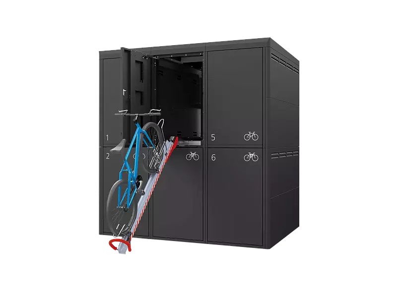 Fahrradgarage FULLERTON-E für 6 Fahrräder, doppelstöckig, für Zugangs- und Buchungssystem SmartBikeBox®, Höhe x Breite x Tiefe 2885 mm x 2738 mm x 2100 mm, Stahlkonstruktion in RAL 7016 anthrazitgrau, Beschriftung gegen Mehrpreis