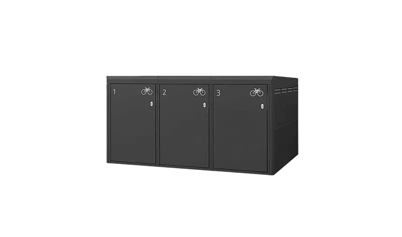 Fahrradgarage FULLERTON-KEY für 3 Fahrräder, einstöckig, Höhe x Breite x Tiefe 1570 mm x 2738 mm x 2100 mm, Stahlkonstruktion in RAL 7016 anthrazitgrau, Beschriftung gegen Mehrpreis Fahrradgarage FULLERTON-KEY XL für 3 Fahrräder, einstöckig, Höhe x Bre...