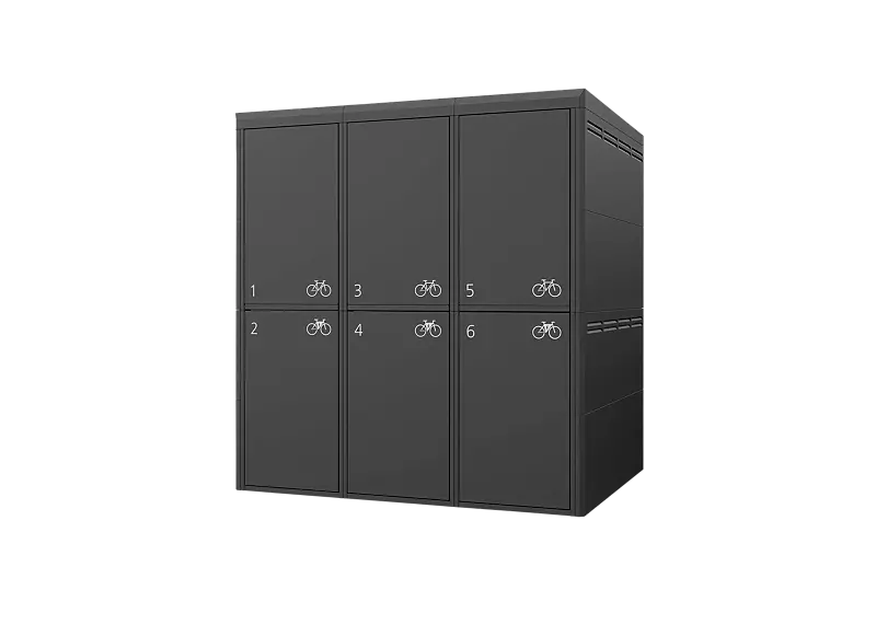 Fahrradgarage FULLERTON-E für 6 Fahrräder, doppelstöckig, für Zugangs- und Buchungssystem SmartBikeBox®, Höhe x Breite x Tiefe 2885 mm x 2738 mm x 2100 mm, Stahlkonstruktion in RAL 7016 anthrazitgrau, Beschriftung gegen Mehrpreis