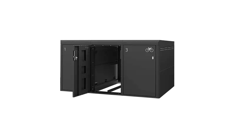 Fahrradgarage FULLERTON-KEY für 3 Fahrräder, einstöckig, Höhe x Breite x Tiefe 1570 mm x 2738 mm x 2100 mm, Stahlkonstruktion in RAL 7016 anthrazitgrau, Beschriftung gegen Mehrpreis Fahrradgarage FULLERTON-KEY XL für 3 Fahrräder, einstöckig, Höhe x Bre...