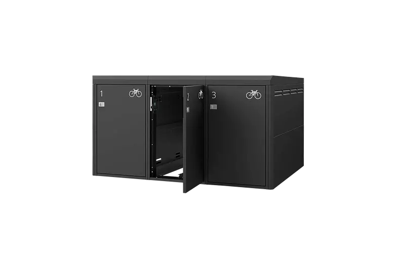 Fahrradgarage FULLERTON-PIN für 3 Fahrräder, einstöckig, Höhe x Breite x Tiefe 1570 mm x 2738 mm x 2100 mm, Stahlkonstruktion in RAL 7016 anthrazitgrau, Beschriftung gegen Mehrpreis