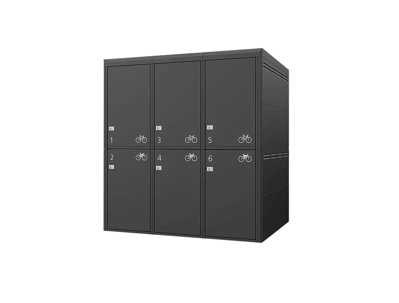 Fahrradgarage FULLERTON-PIN für 6 Fahrräder, doppelstöckig, Höhe x Breite x Tiefe 2945 mm x 2738 mm x 2100 mm, Stahlkonstruktion in RAL 7016 anthrazitgrau, Beschriftung gegen Mehrpreis