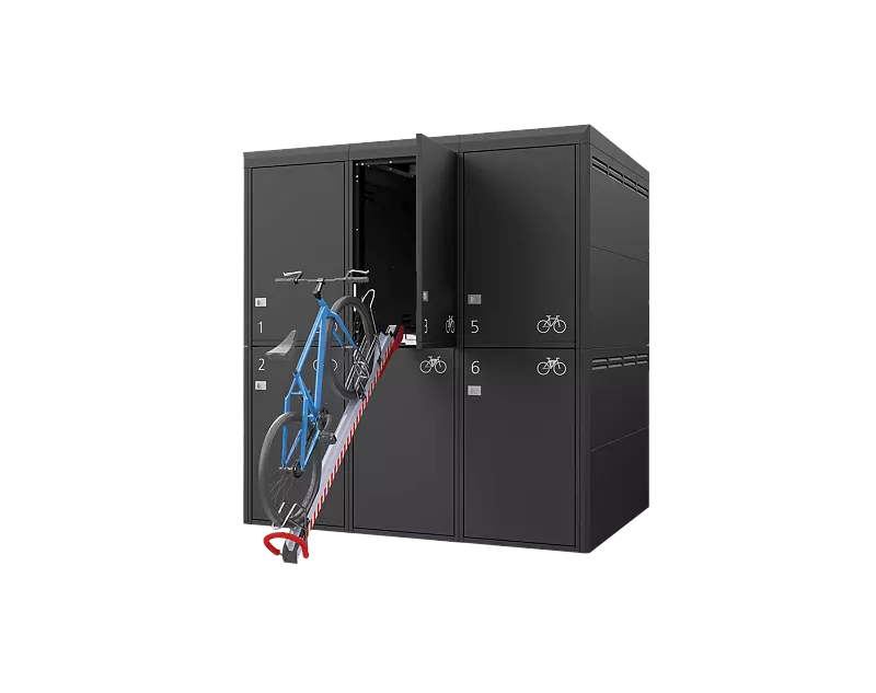 Fahrradgarage FULLERTON-PIN für 6 Fahrräder, doppelstöckig, Höhe x Breite x Tiefe 2945 mm x 2738 mm x 2100 mm, Stahlkonstruktion in RAL 7016 anthrazitgrau, Beschriftung gegen Mehrpreis