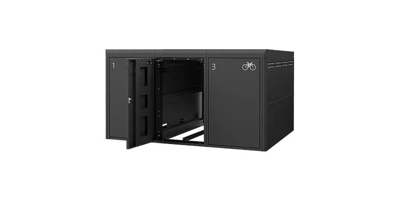 Fahrradgarage FULLERTON-E für 3 Fahrräder, einstöckig, für Zugangs- und Buchungssystem SmartBikeBox®, Höhe x Breite x Tiefe 1570 mm x 2738 mm x 2100 mm, Stahlkonstruktion in RAL 7016 anthrazitgrau, Beschriftung gegen Mehrpreis Fahrradgarage FULLERTON-E...