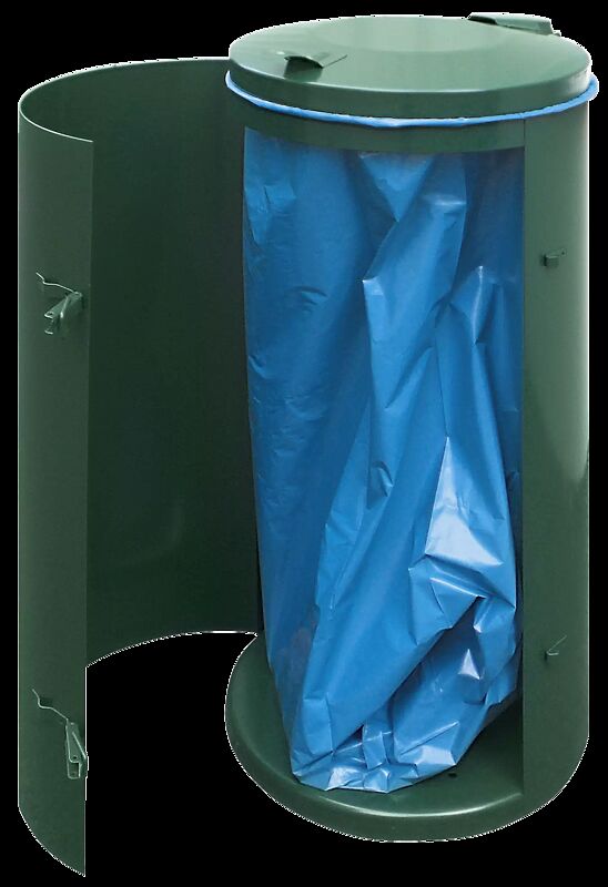 Abfallbehälter SOMERSET, in RAL 6005 moosgrün, zum freien Aufstellen, Tür geöffnet