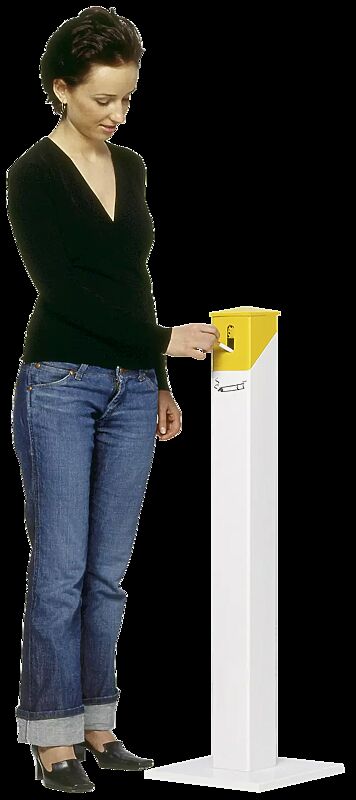 Standascher RIO, quadratisch, Korpus in RAL 9016 verkehrsweiß, Kopfteil in RAL 1023 verkehrsgelb