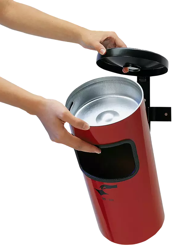 Entleerung vom Abfallbehälter GLASGOW mit Ascher, in RAL 3001 signalrot, zur Wandbefestigung