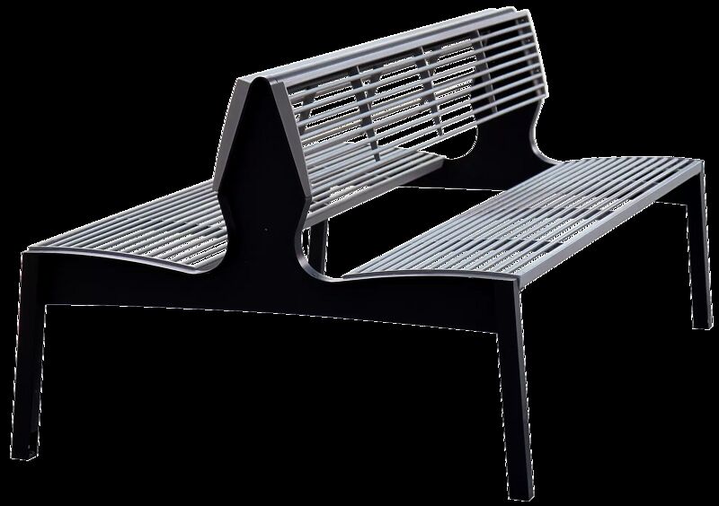 Sitzbank VERA doppelseitig mit Rückenlehne, Untergestell in RAL 9005 tiefschwarz, Sitzfläche und Rückenlehne in RAL 9006 weißaluminium (zweifarbig auf Anfrage)