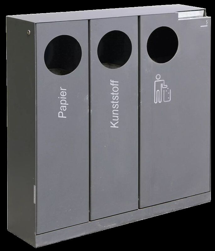 Abfallbehälter CRYSTAL TRIO mit 1 Ascher, 2 x 32 und 1 x 55 Liter, ohne Einwurfklappe, in DB 703 eisenglimmer, Siebdruck in RAL 9003 signalweiß