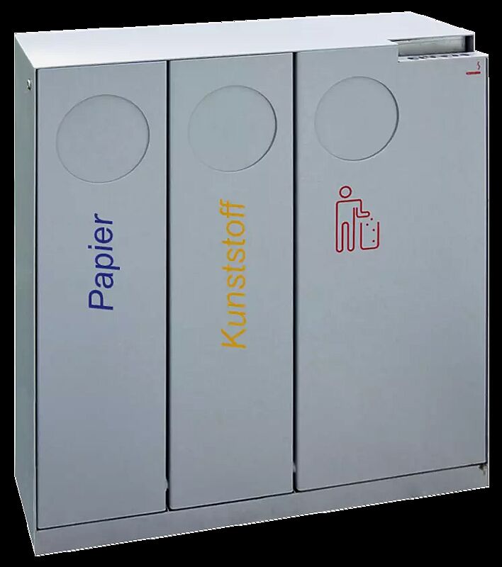 Abfallbehälter CRYSTAL TRIO mit 1 Ascher, 2 x 32 und 1 x 55 Liter, mit Einwurfklappe, in RAL 9006 weißaluminium, Siebdruck in RAL 5002 ultramarinblau, RAL 1028 melonengelb und RAL 3020 verkehrsrot