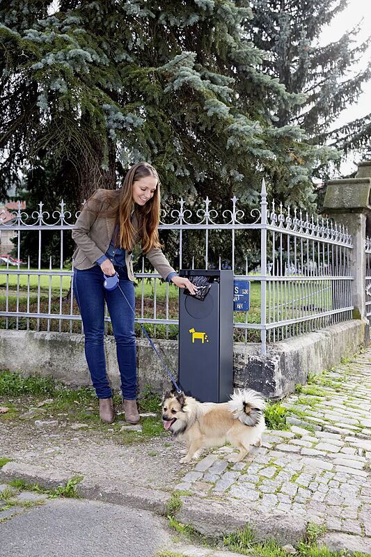 Hundetoilette CRYSTAL in RAL 7016 anthrazitgrau, Siebdruck in RAL 1028 melonengelb