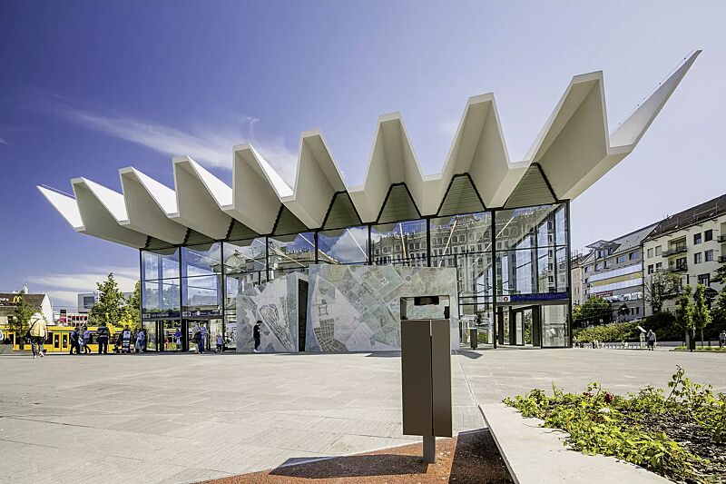 Abfallbehälter NANUK mit Schutzdach und Ascher, Korpus: Edelstahlblech, Stahlteile in RAL 9007 graualuminium