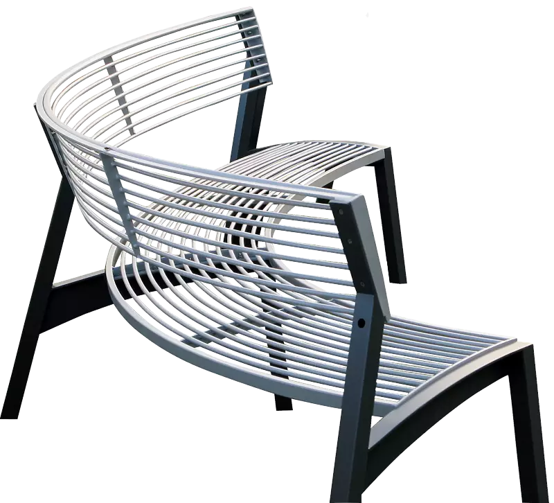 Sitzbank VERA mit Rückenlehne, gebogen 90° , mit Rundstahlauflage in RAL 9006 weißaluminium, Stahlteile in RAL 7016 anthrazitgrau (zweifarbig auf Anfrage)