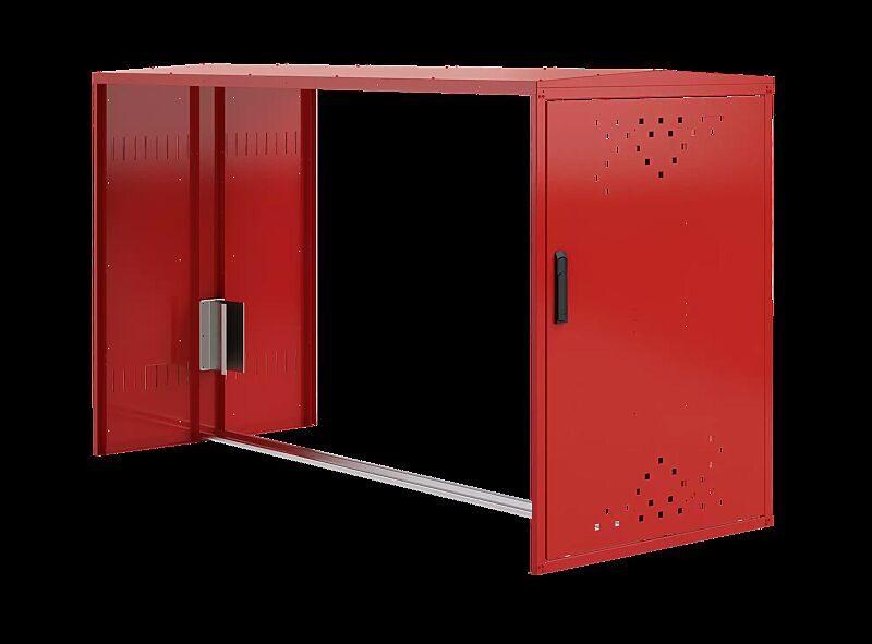 Fahrradgarage LEXINGTON NEW, Anbaueinheit mit Giebeldach, ohne Seitenteile, mit Profilhalbzylinderschloss, Türanschlag DIN rechts, Stahlkonstruktion in RAL 3020 verkehrsrot