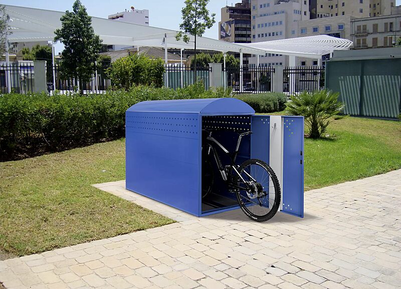 Fahrradgarage LEXINGTON NEW, Grundeinheit mit Bogendach, mit Profilhalbzylinderschloss, Türanschlag DIN rechts, Stahlkonstruktion in RAL 5000 violettblau