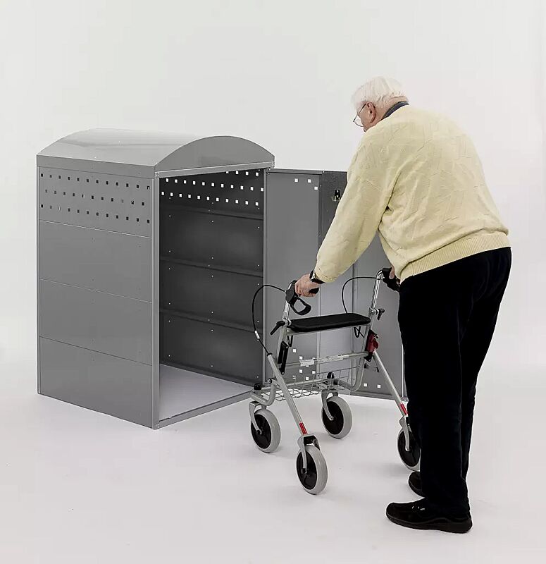 Rollatorgarage LEXINGTON NEW, Grundeinheit mit Bogendach, Türanschlag DIN rechts, Stahlkonstruktion in RAL 7040 fenstergrau