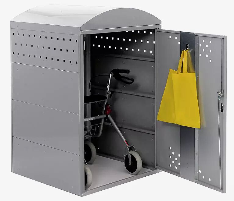 Rollatorgarage LEXINGTON NEW, Grundeinheit mit Bogendach, Türanschlag DIN rechts, Stahlkonstruktion in RAL 7040 fenstergrau