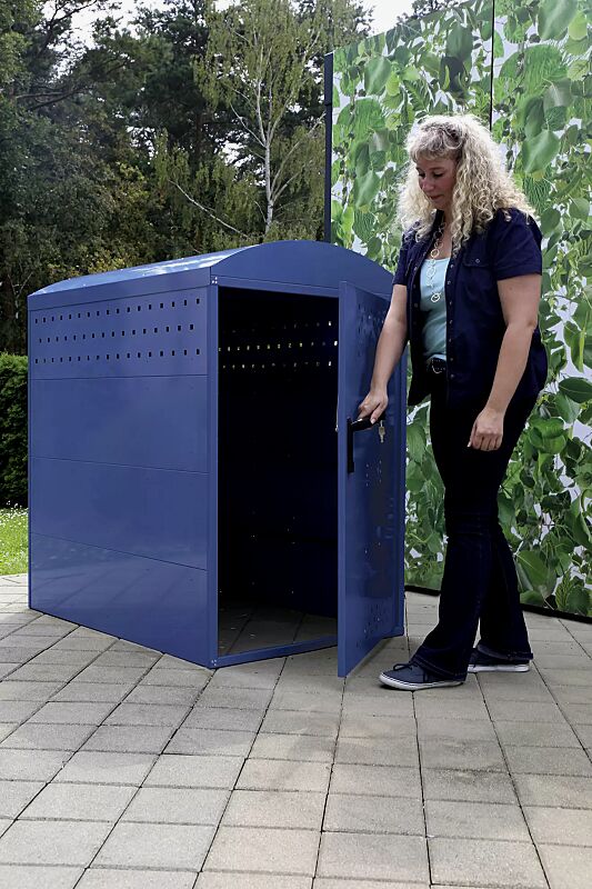 Kinderwagenbox LEXINGTON NEW, Grundeinheit mit Bogendach, Türanschlag DIN rechts, Stahlkonstruktion in RAL 5000 violettblau