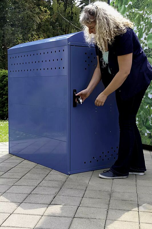Kinderwagenbox LEXINGTON NEW, Grundeinheit mit Bogendach, Türanschlag DIN rechts, Stahlkonstruktion in RAL 5000 violettblau