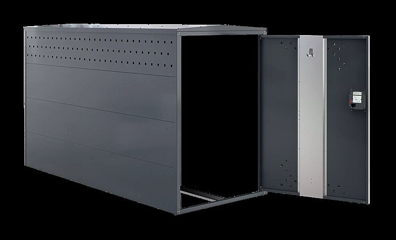 Fahrradgarage LEXINGTON NEW, Anbauelement mit Giebeldach, mit 1 Seitenwand, mit Münzpfandschloss, Türanschlag DIN rechts, Stahlkonstruktion in RAL 7016 anthrazitgrau