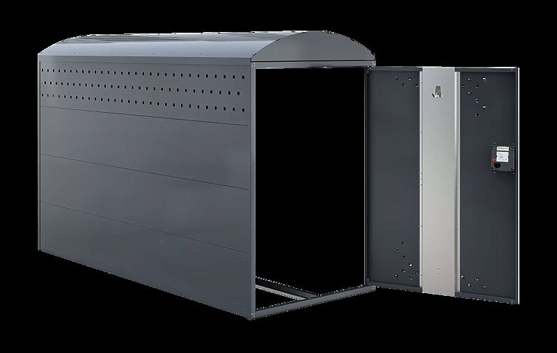 Fahrradgarage LEXINGTON NEW, Anbauelement mit Bogendach, mit 1 Seitenwand, mit Münzpfandschloss, Türanschlag DIN rechts, Stahlkonstruktion in RAL 7016 anthrazitgrau