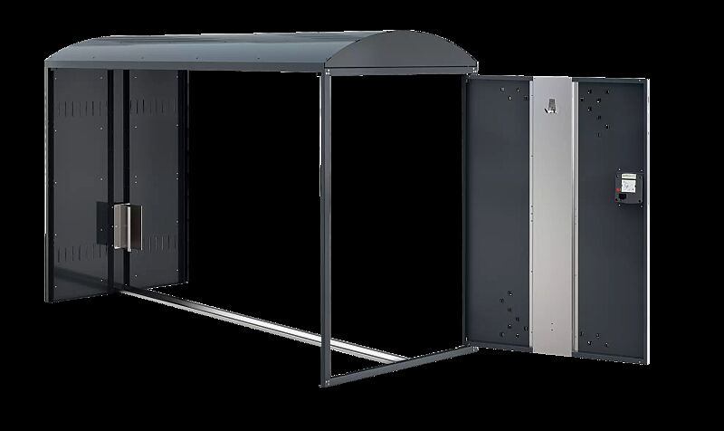 Fahrradgarage LEXINGTON NEW, Anbaueinheit mit Bogendach, ohne Seitenteile, mit Münzpfandschloss, Türanschlag DIN rechts, Stahlkonstruktion in RAL 7016 anthrazitgrau