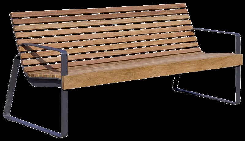 Sitzbank PREVA URBANA mit Rückenlehne und Armlehnen, mit Jatobaholzbelattung, Stahlteile in RAL 7016 anthrazitgrau