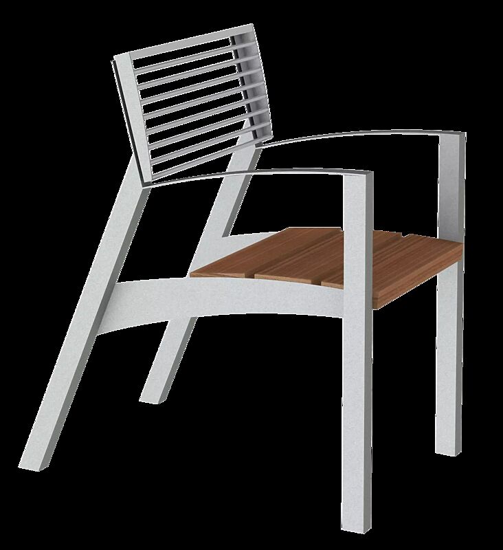 Sitz VERA mit Rückenlehne aus Rundstahl, Sitzfläche mit Jatobaholzbelattung, Stahlteile in RAL 9006 weißaluminium