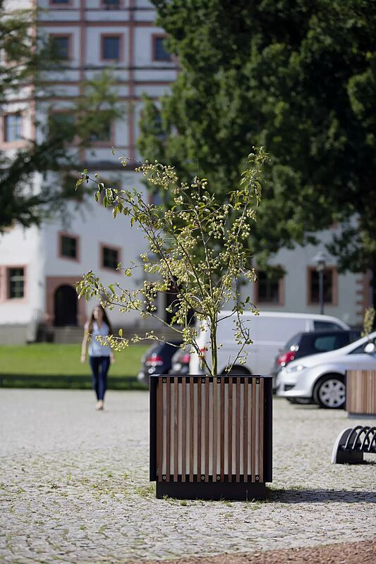 Pflanzbehälter FLORIUM, quadratisch, mit Jatobaholzbelattung, Stahlteile in RAL 7016 anthrazitgrau