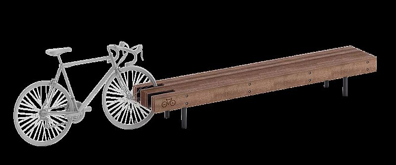 Sitzbank WOODY ohne Rückenlehne, mit Aussparungen für Fahrräder (einseitig), mit Jatobaholzbelattung