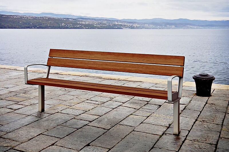 Sitzbank INTERVERA mit Jatobaholzbelattung, Stahlteile in RAL 9007 graualuminium