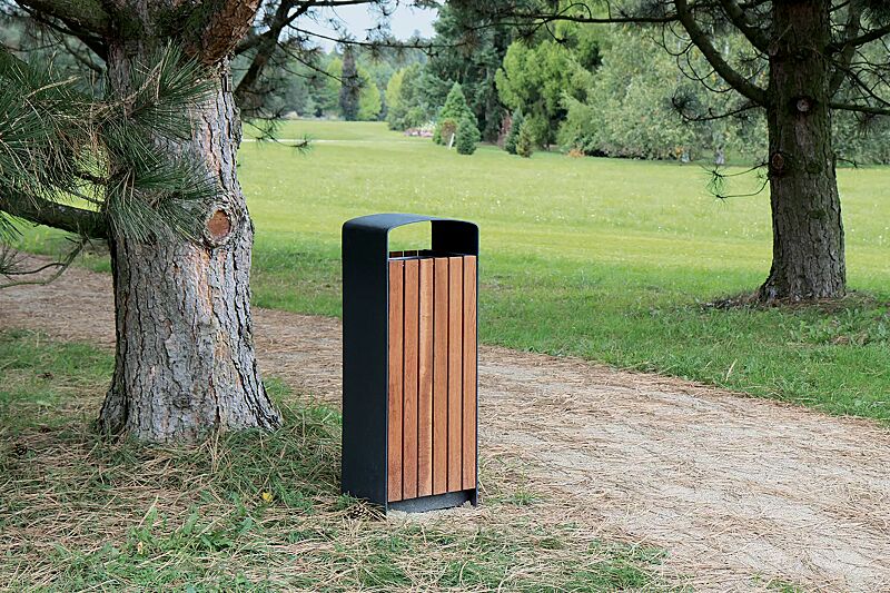Abfallbehälter PRAX, Korpus: Jatobaholzbelattung, Stahlteile in RAL 7016 anthrazitgrau
