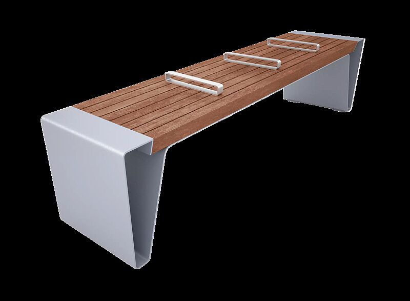 Sitzbank RADIUM ohne Rückenlehne, Sitzfläche mit Edelstahlstreben unterteilt, Breite 2000 mm, mit Jatobaholzbelattung, Stahlteile in RAL 9006 weißaluminium