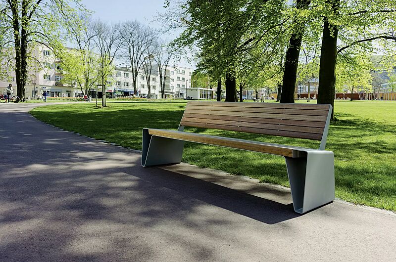 Sitzbank RADIUM mit Rückenlehne, mit Robinienholzbelattung, Stahlteile in RAL 9007 graualuminium
