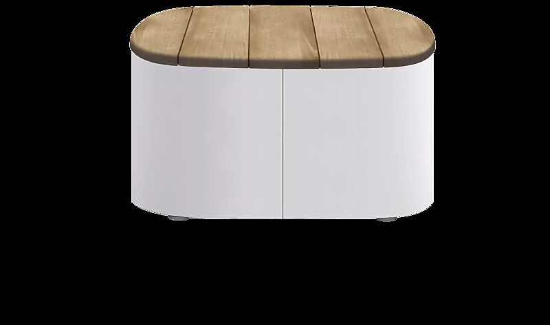 Sitzpodest URBAN ISLAND mit schräger Jatobaholzbelattung, Stahlteile in RAL 9010 reinweiß