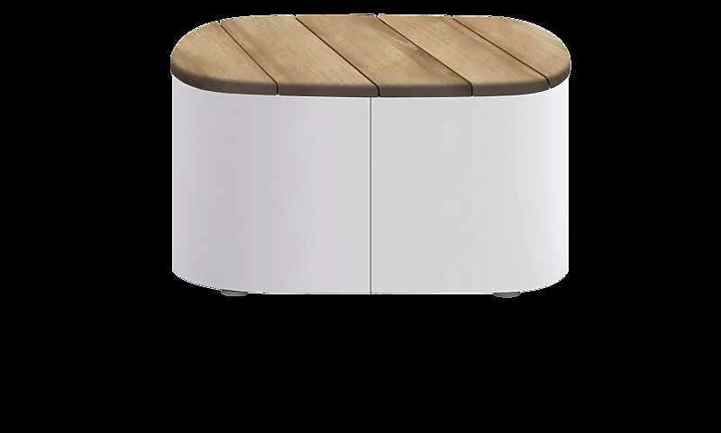 Sitzpodest URBAN ISLAND mit schräger Jatobaholzbelattung, Stahlteile in RAL 9010 reinweiß