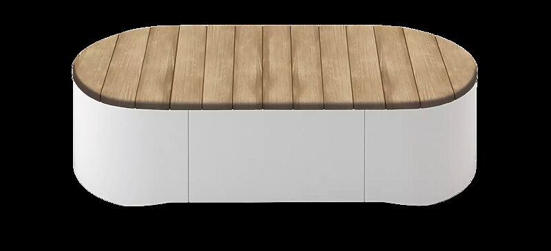 Sitzpodest URBAN ISLANDS mit vertikaler Jatobaholzbelattung, Stahlteile in RAL 9010 reinweiß