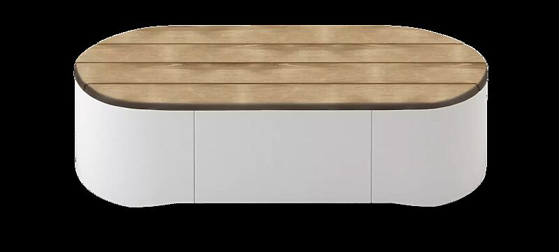 Sitzpodest URBAN ISLAND mit horizontaler Jatobaholzbelattung, Stahlteile in RAL 9010 reinweiß