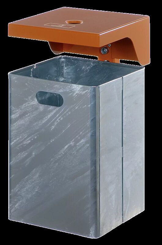 Abfallbehälter FORTE, 40 Liter, mit Schutzdach und Ascher in RAL 2000 gelborange, Behälter feuerverzinkt