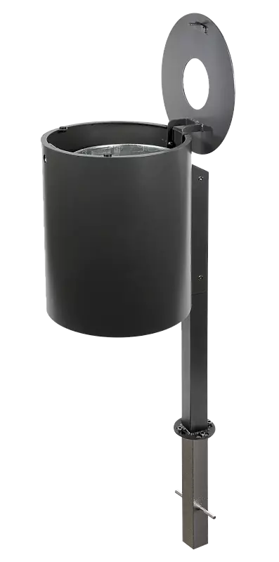 Abfallbehälter EXETER mit Innenbehälter, in RAL 7016 anthrazitgrau, zur Entleerung geöffnet