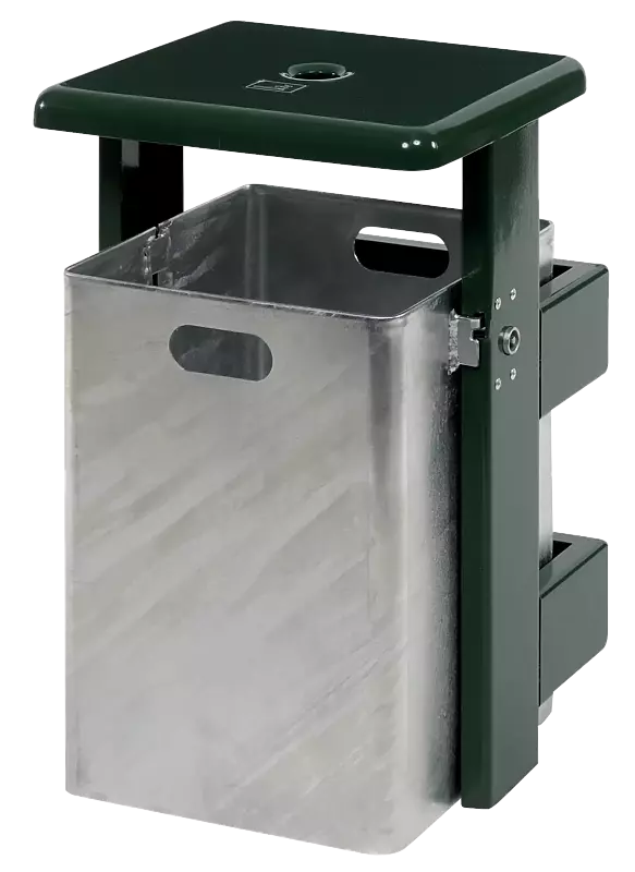 Abfallbehälter STRATFORD, mit Ascher, Schutzdach und Ständer in RAL 6005 moosgrün, Behälter feuerverzinkt