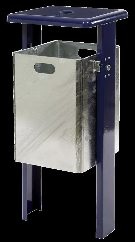 Abfallbehälter ASHINGTON, mit Ascher, zum Einbetonieren, Schutzdach und Ständer in RAL 5013 kobaltblau, Behälter feuerverzinkt